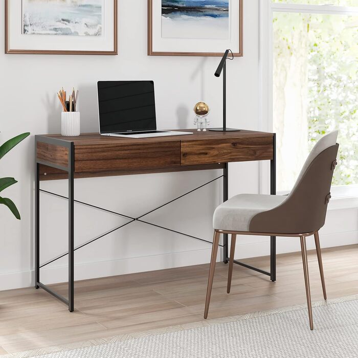 Стіл, 2 шухляди, метал, промисловий дизайн, стіл для ПК, 112 x 48 x 76 см (коричневий)