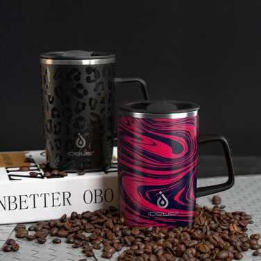 Кружка для кави та чаю Ideus® 470 мл з подвійними стінками, з нержавіючої сталі, з антиковзним руків'ям та кришкою-модулем, великий об'єм (Червоно-зебра)