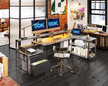 Кутовий стіл ODK L-подібної форми з ящиками, реверсивний, з LED-підсвічуванням та розеткою, 172.5×100 см (Колір: Сіра береза)