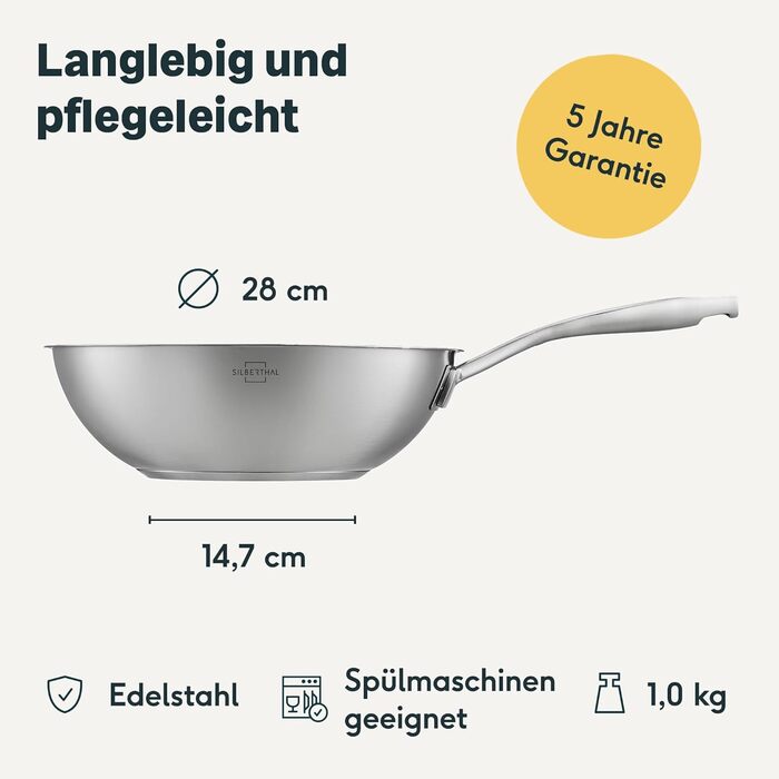 Wok Silberthal 28 см з нержавіючої сталі - для смаження та фритюру, сумісний з індукцією, до 400°C