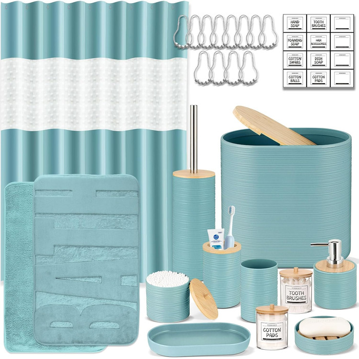 Набір аксесуарів для ванної кімнати IMAVO, 9 предметів: смітник, дозатор мила, мильниця, тримач для зубних щіток, стакан для щіток, тримач для унітазного йоржика, дозатор для ватних паличок (блакитний, 26 предметів + ПВХ-штора для душу + килимки)
