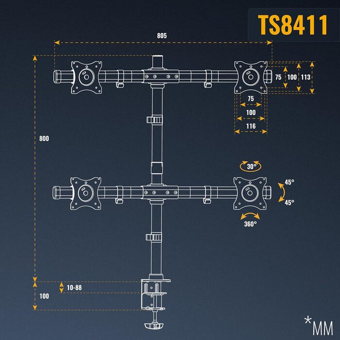 Кріплення для монітора RICOO TS7011: регульована підставка для екрану 12-27 дюймів, VESA 75/100, кріплення до столу