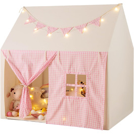 Дитячий намет GOPLUS з м'яким килимком, зірочками та китицями, ігровий будиночок для дому та вулиці з вікнами, дверима та кишенями, для дітей від 3 років (Рожевий)
