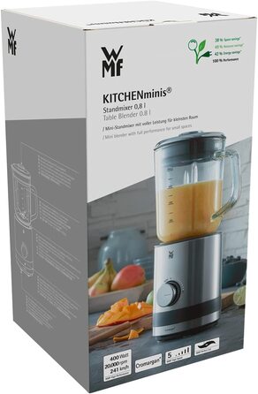 Міні-блендер WMF Küchenminis, 400 Вт, скляна чаша 0,8 л, компактний стаціонарний міксер, імпульсний режим, матова нержавіюча сталь Cromargan
