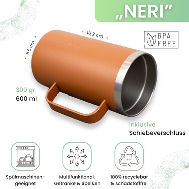 Термокружка 'Neri' 600 мл, нержавіюча сталь, подвійні стінки, вакуумна ізоляція, для кави з собою, BPA-Free, з кришкою-ковзанням, миється в посудомийній машині (Турквіс/Коричневий)