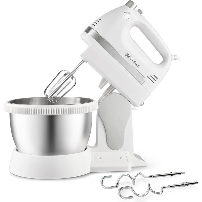 Міксер Grunkel AM-350TURB05BOWL з 5 швидкостями, білий (350 Вт) - з чашею та набором насадок для замішування та збивання