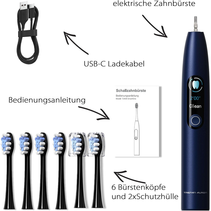 Електрична звукова зубна щітка Tristan Auron SmartOne (Блакитна) – 48 000 вібрацій, 5 режимів, дисплей, USB-C, акумулятор на 6-8 тижнів, IPX7, 6 насадок з чохлом