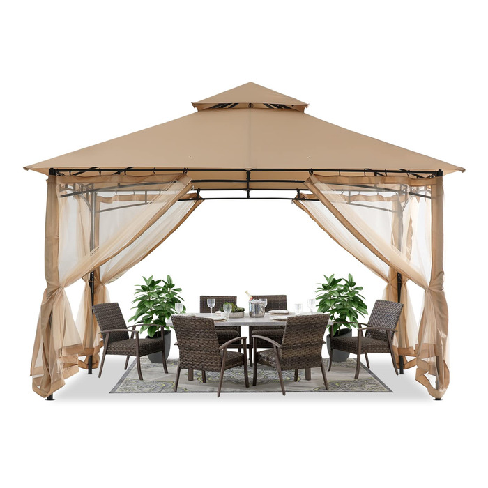 Павільйон садовий ABCCANOPY 2.4x2.4 м з двосхилим м'яким дахом для тераси, саду, заднього двору - захист від сонця та дощу (з москітною сіткою, бежевий)