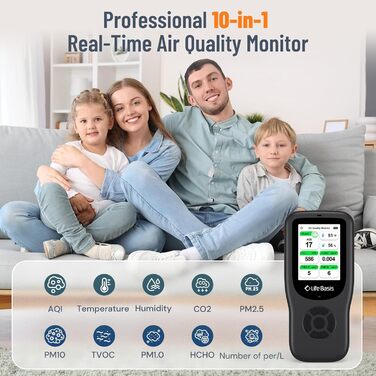 Детектор якості повітря LifeBasis 10 в 1: формальдегід, AQI, PM2.5/PM10, HCHO, TVOC, CO2, температура, вологість. USB зарядка для дому та офісу