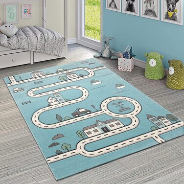 Дитячий домашній килим Paco для дитячої кімнати, сучасний навчальний килим, вуличний автомобільний дизайн будинку, Розмір (140x200 см, синій)