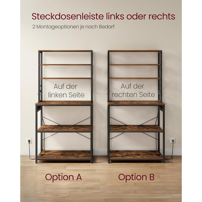 Стелаж кухонний VASAGLE з розетками, 6 полиць, гачки, сталевий каркас, 40 x 80 x 167 см, вінтажний коричневий + чорний, KKS119K06 80B cm