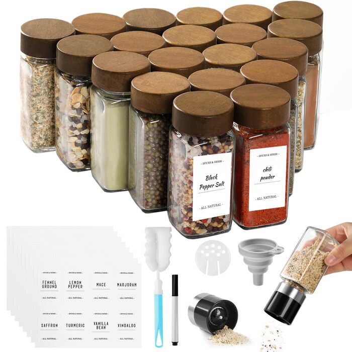Набір скляних банок для спецій FRIBERG (20 шт.) з дерев'яними кришками, млини для спецій, етикетки