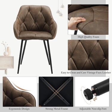 Крісла для їдальні WOLTU (2 шт.), для кухні та вітальні, ергономічні м'які крісла з підлокітниками, металеві ніжки, вінтажне штучне шкіряне сидіння, темно-коричневі