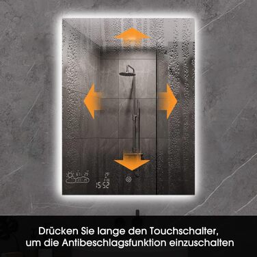 Дзеркало для ванної кімнати LED ByeCold 60x80 см з підсвічуванням, антизапарювання, WiFi, погода та дата, сенсорне управління