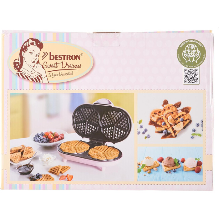 Вафлі Bestron Double Waffle Iron Heart, Антипригарні, Підвісний кошик, Ідеально підходить для урочистостей, Рожевий