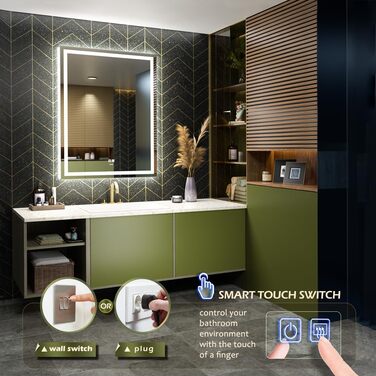 Дзеркало для ванної кімнати LED з підсвічуванням, комодне дзеркало для макіяжу, настінне, 6500K, антитуманне, IP44, 90 x 60 см