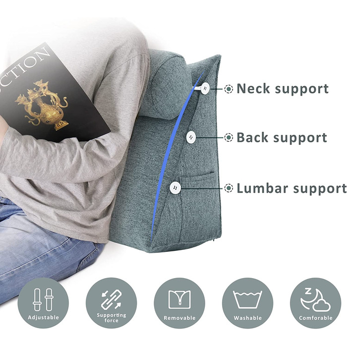 Подушка для спини, трикутна подушка для тіла, підголовник, подушка для ліжка, спинка для дивана, велика подушка для тіла, 60 см (сірий)