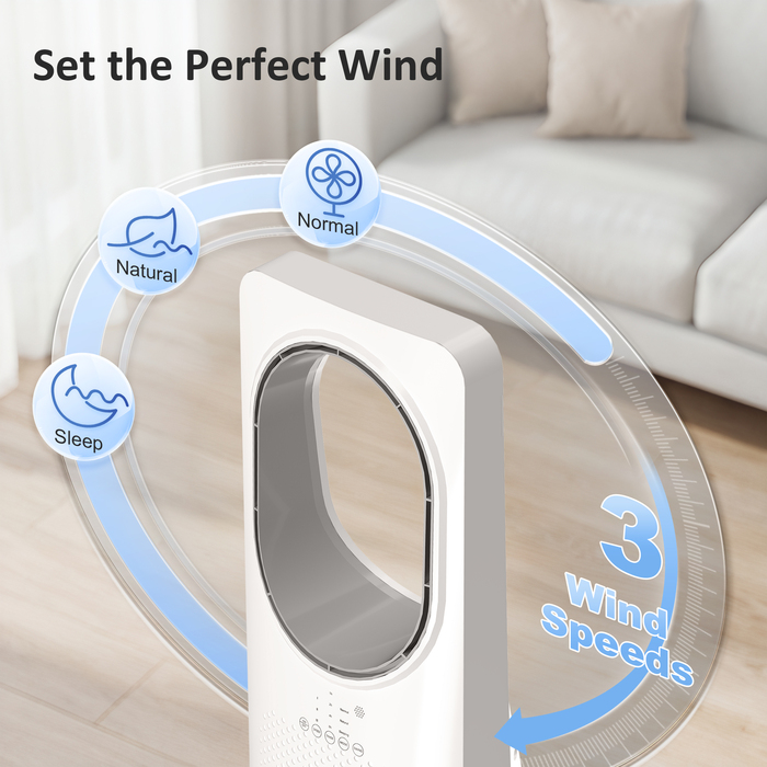 Безлопатевий вентилятор для спальні, 36 дБ, з коливанням на 45°, 3 швидкості, 3 режими, таймер на 15 годин, білий