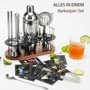 Набір бармена 23 шт: шейкер, сито, ложка, мадлер, для дому, бару, вечірки (колір коричневий)