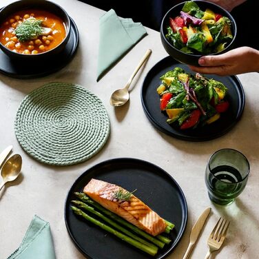 Набір посуду Twinzee Ebony Collection 24 елементи з матового чорного стеатиту для 6 осіб (тарілки, чашки, миски)