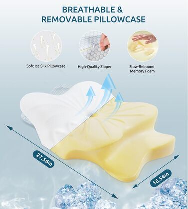 Подушка для шиї, подушка з піною з пам'яті, ергономічна подушка для шиї, подушка для тих, хто спить на боці, на спині та животі, сіро-білий колір (блакитний), 70 x 42 x 14 см
