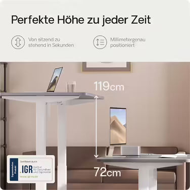 Електричний регульований стіл Desktronic 140x70 см, біло-сірий, з сенсорним управлінням і вбудованими зарядними портами