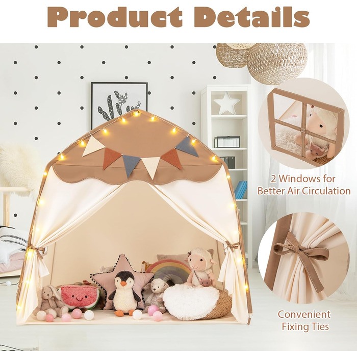 Дитяче намет-будиночок HOMASIS для гри в приміщенні, з 20 зірками, 12 стрічками, килимком, 2 вікнами та шторами, для дівчаток та хлопчиків (колір: коричневий)