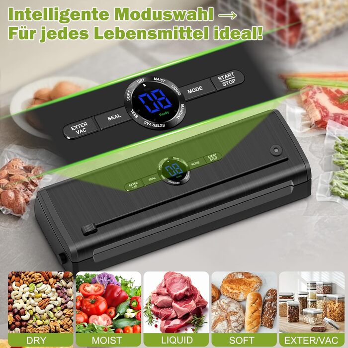 Вакууматор для продуктів 7 в 1, професійний вакуумний пакувальник з подвійним швом, цифровим таймером та різаком, комплект з 50 пакетами (Чорний)
