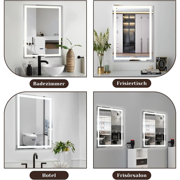 Дзеркало для ванної кімнати Mursche з підсвічуванням LED, 50x70 см, IP44, сенсорний вимикач, годинник, протитуманна функція, регулювання яскравості, 3000K-6500K, прямокутна форма