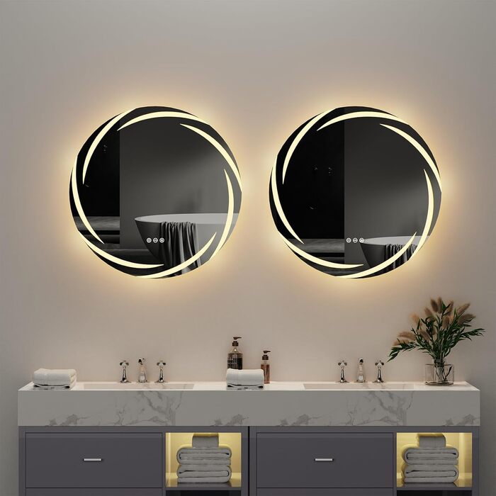 Круглий дзеркало для ванної кімнати LUVODI з підсвічуванням: LED дзеркало круглої форми 60 см з фоновою підсвіткою, 3 кольори світла, регулювання яскравості, сенсорна кнопка, запобігання запотіванню, енергозбереження, для ванної кімнати, для гостей, туале