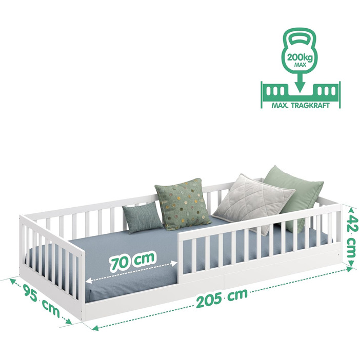 Ліжко-підлога CADANI Timi 2в1 Монтессорі 120x200 см для дітей з бортиками, ламелями, з масиву сосни, біле. 3 варіанти збірки, до 200 кг, розбірне.