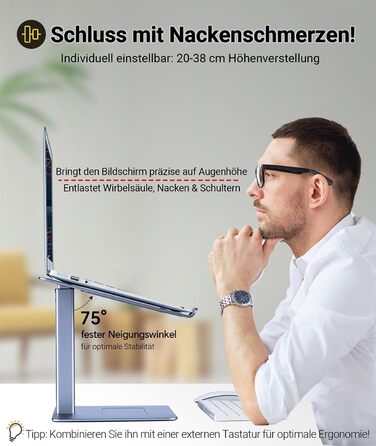 Регульований підставка для ноутбука, стійка для ноутбука на стіл, можливість стоячи, підставка для DJ ноутбука, компактна альтернатива столу, сумісна з MacBook та ноутбуками 13' - 16.5', чорний (сріблястий)