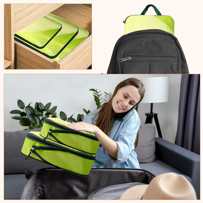 Набір компресійних органайзерів для одягу в дорогу AiQInu, 5 шт. — ультралегкі сумки-пакувальники для валізи з мішком для взуття та білизни, розширювані, зелені