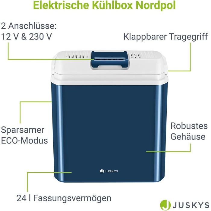 Електричний охолоджувач Juskys 24 літри 12 В / 230 В для легкового автомобіля, вантажівки, будинку на колесах, кемпінгу - Міні-холодильник холодний і гарячий - Термоелектричний бокс - синій 24 л синій