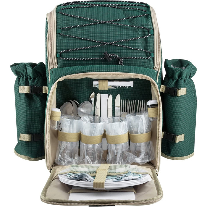 Рюкзак для пікніка Andora на 4 особи з інтегрованою сумкою-холодильником, зелений, з аксесуарами (29 шт)