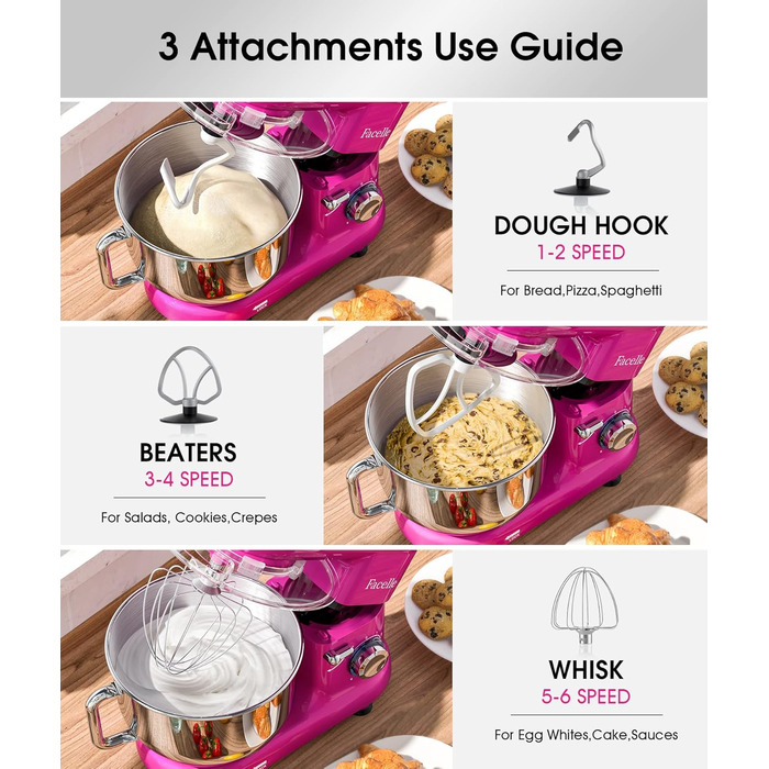 Кухонна машина Facelle 1500W з нержавіючою чашею 6.2 л, 6 швидкостей, комплектом насадок (міксер, гак для тіста, вінчик, сплеск-захист), фіолетовий колір
