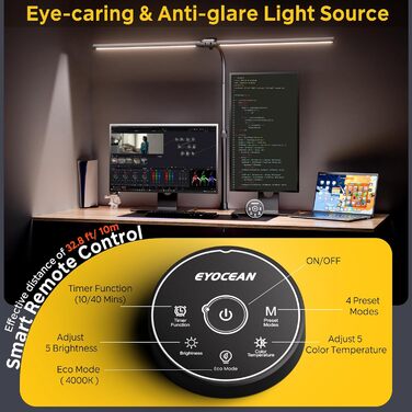 LED лампа настільна EYOCEAN 24W, 80см з жестами, диммування, захист очей для офісу, читання, архітекторів, дизайнерів (чорна)