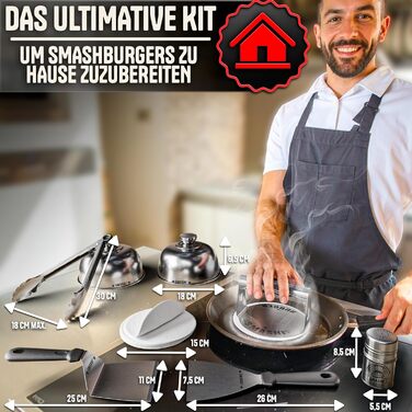 Набір для приготування бургерів SMASHI® з пресом та дзвоном – нержавіюча сталь 304, лопатка для гриля, 50 папірців з антипригарним покриттям, рецепти – Оригінал (SUPREME)