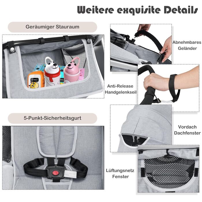 Дитяча коляска 2 в 1 Costway, комбінована, з регульованою спинкою, підніжкою, капюшоном, москітною сіткою, для дітей до 3 років (сіра)