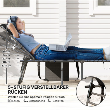 Шезлонг для відпочинку на сонце, розкладний садовий шезлонг з подушкою для голови, лежак з регульованою спинкою у 5 положеннях, до 120 кг