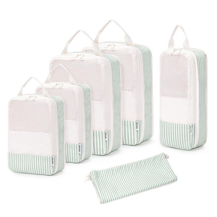 Набір органайзерів для валізи та рюкзака Narwey, 6 шт, компресійні органайзери для одягу та речей у подорож, світло-зелені смужки