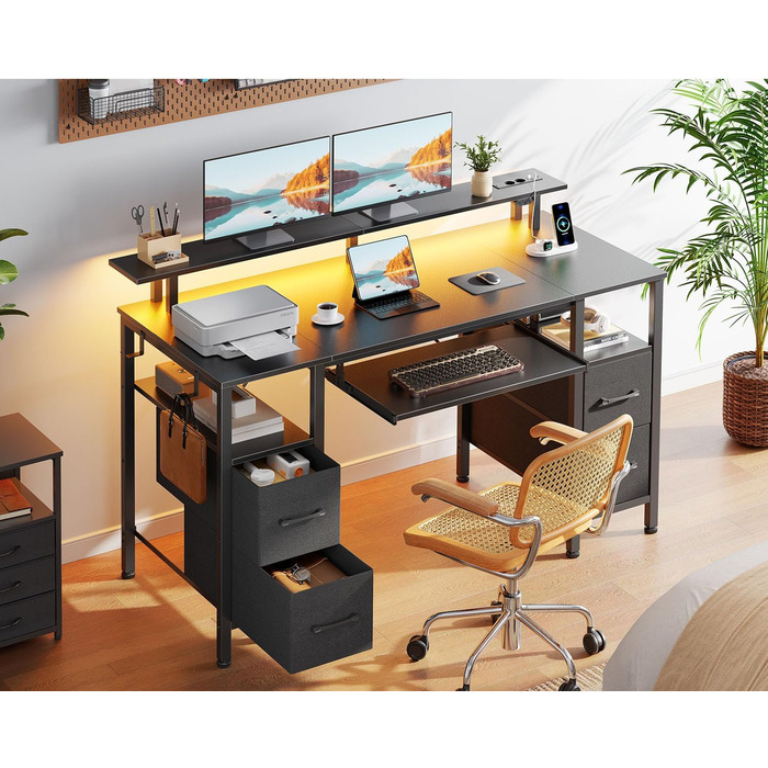 Комп'ютерний стіл Rolanstar з ящиками, 120x47 см, ігровий стіл з розеткою, LED-підсвітка та підставка для монітора, стіл для дому, офісу, вітальні, білий (чорний)