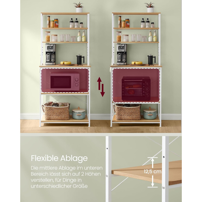 Стелаж кухонний VASAGLE з розетками, 6 полиць, гачки, сталевий каркас, 40 x 80 x 167 см, вінтажний колір