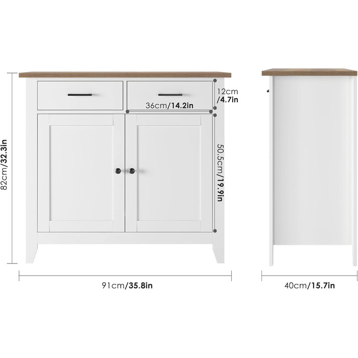 Кухонна шафа HOCSOK з робочою поверхнею, комод з 2 шухлядами та 2 дверцятами, буфет для кухні, вітальні, їдальні, передпокою, дерево, стиль кантрі, білий