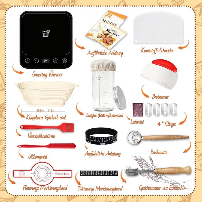 Набір для закваски Daity: 12 предметів для випікання хліба, термоконтейнер, гнітниця для бродіння овальної форми 28 см, силікон, для початківців та професіоналів