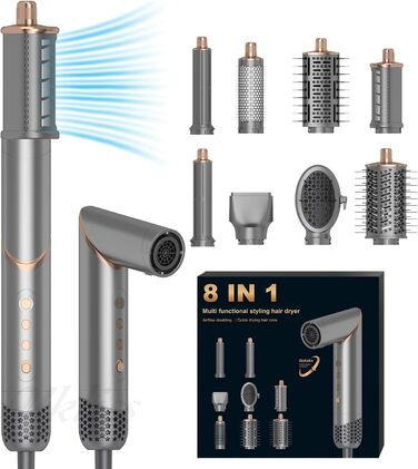 Фен Airstyler 8 в 1 Ion 110 000 об/хв Високошвидкісний фен Набір з щіткою для теплого повітря Пневматична плойка Фен Щітка Кругла щітка Фен Щітка для завивки Щітка для завивки Щітки для укладання волосся Подарунковий набір для жінок, 1400 Вт Сіре золото