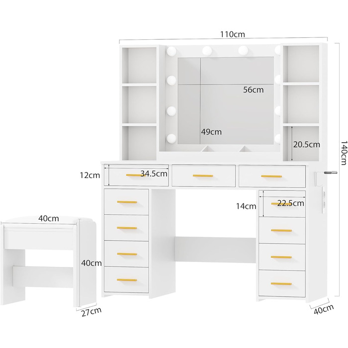 Великий туалетний столик ANWBROAD з регульованою LED-підсвіткою та 11 ящиками. Сучасний туалетний столик з дзеркалом, розетками, 6 відкритими полицями. Комплект з пуфом. Білий колір, 140x110x40 см. Модель BDT86W