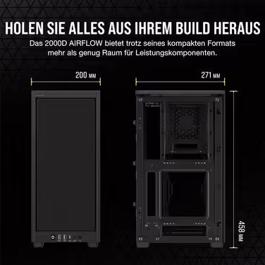 Корпус Corsair 2000D Airflow Mini ITX - Сітчаста сталь - 3 слоти для графічного процесора - Оптимізоване охолодження - Передній ввід/вивід - Чорний
