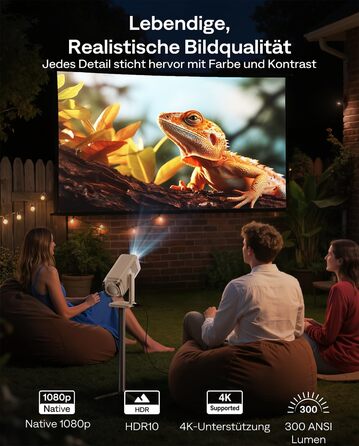 Портативний проєктор Aurzen Boom Air Mini з Google TV та Netflix, 4K, USB-C, Smart, Dolby Audio, WiFi, Bluetooth, автофокус TOF, поворотний штатив, кремово-білий