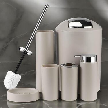 Набір аксесуарів для ванної кімнати 6tlg Badset: мильниця, стакан для зубних щіток, відро для косметики, щітка для унітазу з тримачем, мильниця, сміттєвий бак, тримач для зубних щіток, повна ванна кімнатна гарнітура (бежевий дизайн 2a)